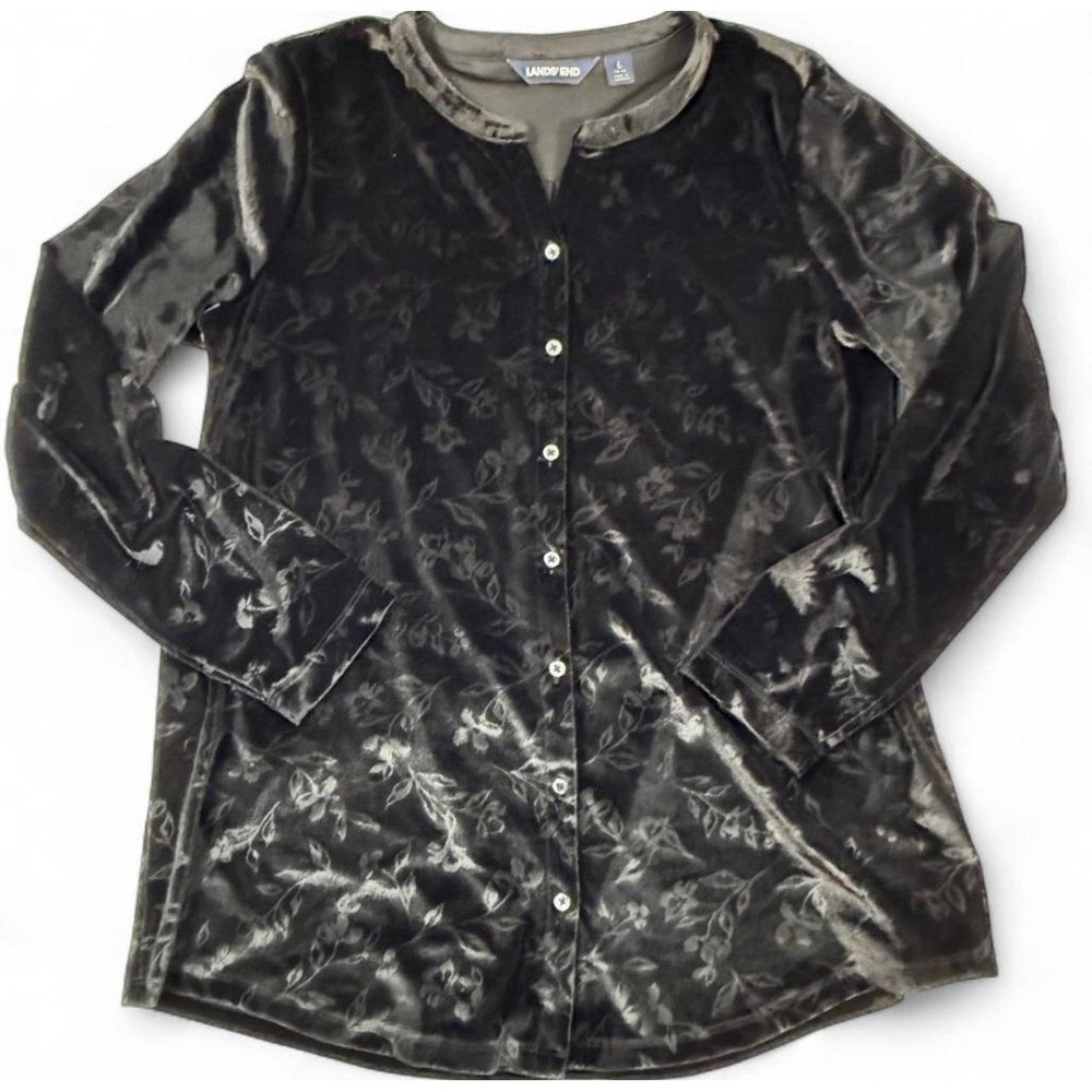 Lands' End Velvet Floral Button Front Long Sleeve Blouse Black L